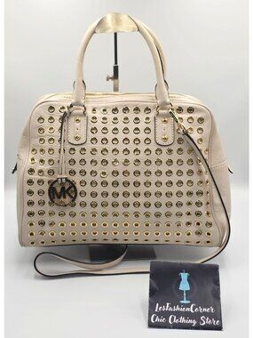 Michael Kors Women's Ecru Leather Gold Studded Grommet Satchel Bag Size L 2420